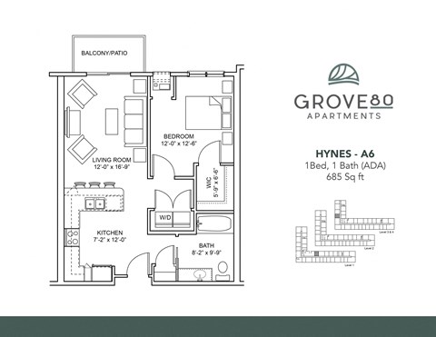 Floor plan for 1 bed, 1 bath, 685 sqft